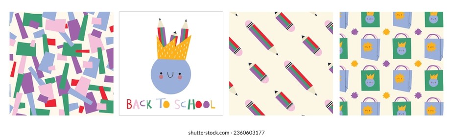 Día del Profesor. De vuelta a la escuela. Conjunto de patrones e impresiones con Stationery. Lápices multicolores, tijeras, grano, paquete multicolor.  Resumen de patrones sin fisuras. Día del Profesor. De vuelta a la escuela.