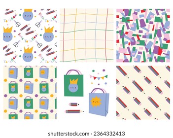 Teacher's Day. Back to School. Set of patterns and prints with Stationery. Multi-colored Pencils, Scissors, Vase, Multi- colored Package.  Abstract seamless patterns. Teacher's Day. Back to School.