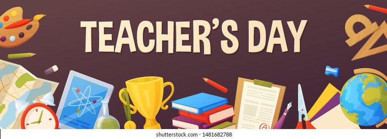 Teacher's day background. Cartoon template for your design. Vector elements include:map, paper, pencil, ruler, paint, tablet, cup, globe.