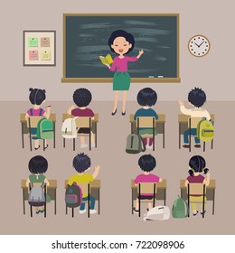 Teachers day background. School lesson. Little students and asian teacher in a classroom. Isolated vector illustration.