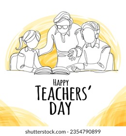 Teachers Day Banner With Simple Teacher Teaching Student Illustration One Continuous Line Style