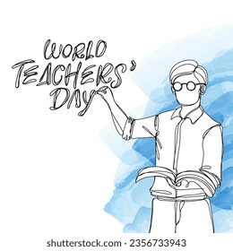 Teachers Day Banner With Simple Teacher Hold Book Teaching Student Illustration One Continuous Line Style