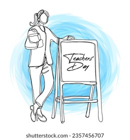 Teachers Day Banner With Simple Woman Teacher Standing Beside Chalk Board Illustration One Continuous Line Style