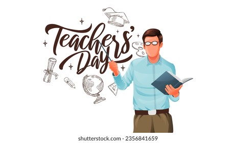 Teachers Day Banner With Teacher Character Holding Books Pointing Calligraphy Education Doodle Illustration