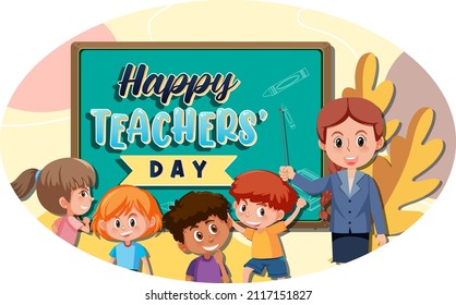 Teacher's Day banner with a teacher and students illustration