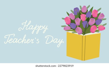 Teacher's Day banner with tulips. Book with flowers. Vector illustration