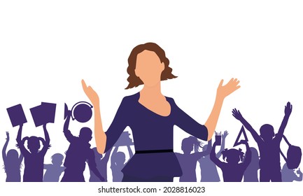 Teachers day. Beautiful woman teacher and silhouette of crowd of school children with globe, books, backpack. Vector illustration.