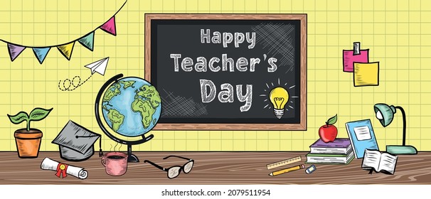 Teacher's Day Celebration Background. Happy Teacher's Banner with School Equipments. Hand Drawn Vintage Style Educational Stationary in Classroom environment. Retro Education Elements.