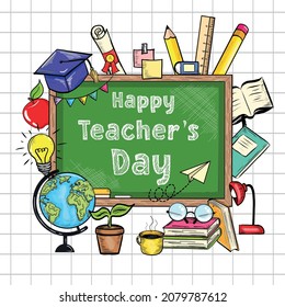 Teacher's Day Celebration Card Background. Happy Teacher's Day Chalk Text on Classroom Board with School Equipments. Hand Drawn Vintage Style Educational Stationary Banner. Retro Education Elements.