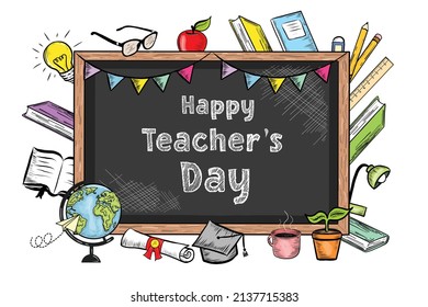 Teacher's Day Celebration Card Happy Teacher's Day Text on vintage Ribbon Banner and School Equipments Around Hand Drawn Vintage Style Retro Education Stationary Elements Classroom Chalkboard Backdrop