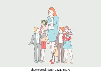 Teachers day celebration concept. Schoolchildren greeting impressed teacher, cheerful boys and girls with rucksacks giving flower bouquets to tutor. Simple flat vector