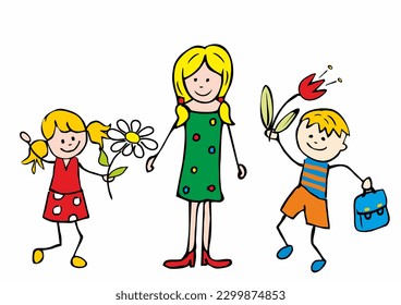 Teacher's day, cheerful vector illustration, female teacher with children, three characters, template, celebration card