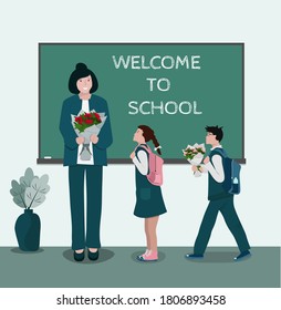 Teacher's day. Children give flowers to the teacher, students in uniform.  International holiday of education.  Vector illustration.