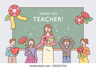 Teacher's Day commemorative thanks event. Young students and teachers are standing in front of the blackboard holding flowers. flat design style minimal vector illustration.