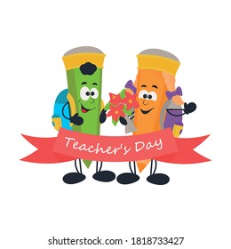 Teacher's Day concept. Cute cartoon pencils with school bag. Vector illustration in cartoon style. Cute pupils pencil character for website banner, card, presentation 