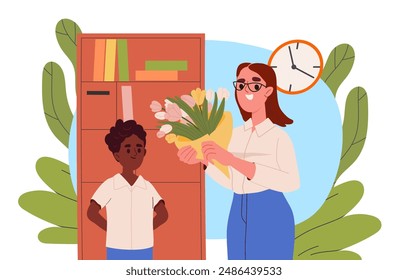 Teachers Day concept. Student gives bouquet of flowers to school teacher. Boy with gift for woman. International holiday and festival. Training and education. Cartoon vector illustration