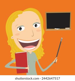 Teacher's day concept. Teacher with book and chalkboard. Blonde girl. Vector Illustration.