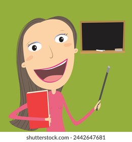 Teacher's day concept. Teacher with book and chalkboard. Brunette girl. Vector Illustration.