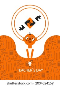Teacher's Day! Congratulatory poster. An image of a surprised happy student who received knowledge at school. Bright autumn colors