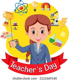 Teacher's Day with a female teacher and school objects illustration