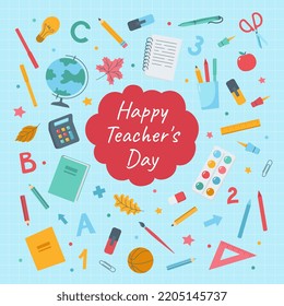 Teacher's Day. Fun greeting card banner with school supplies. Cute colorful flat cartoon vector illustration.