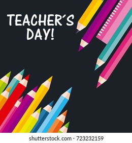 teachers day greeting pencil colors ruler on black background
