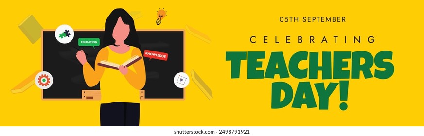 Teachers day. Happy Teachers day celebration cover banner with female teacher in front of a blackboard with book. The day is celebrated to honor the empowering educators, as they are crucial for SDGs.