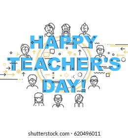 Teachers Day Holidays card template for Design, Website, Banner. 
Greeting background with school elements icons. 
Modern Thin Contour Line Design Concept Banner. 
Vector illustration