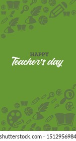 Teachers day horizontal poster with school icons on green background. Vector illustration for banner, flyer, invitation, poster or greeting card. 