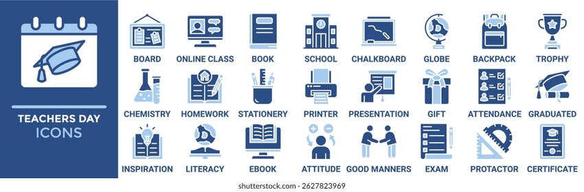 Teachers day icon set. Containing board, online class, book, school, chalkboard, globe, backpack and more. Solid vector icons collection