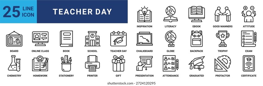 Teachers day icon set. Containing board, online class, book, school, chalkboard, globe, backpack and more. Outline vector icons collection