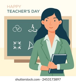 Teacher's day illustration. A teacher standing in front of a black board. 