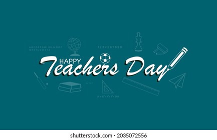 Teacher's day in India. 5th September. Vector Illustration. Mathematics Symbols, alphabets and sports items on board. Happy Teacher’s Day banner design.