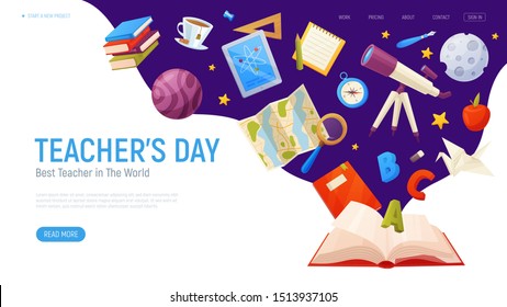 Teachers day landing page. Vector cartoon template with school supplies. Book with flying map, tablet, planet, stars, pencils, ruler and telescope.