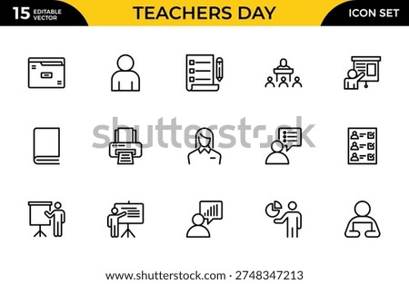 Teachers Day Line Icon Set – School, Online Class, Book, Chalkboard and Education Outline Icons Collection, Editable Stroke Vector Illustration