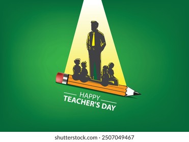 A teacher's day poster with a Teacher standing with students sitting on a pencil