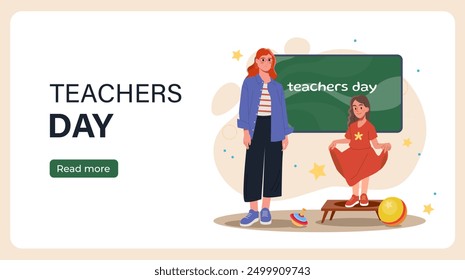 Teachers day poster. Woman with girl stands near chalk board. Education, learning and training. Lesson at school. International holiday and festival. Landing page. Flat vector illustration