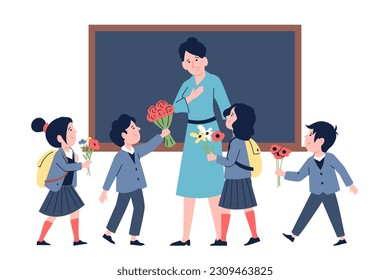 Teachers day scene. Students present professor flowers bouquets. Happy little kids, primary school characters. Professional holiday recent vector scene