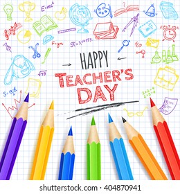 Teacher's Day. School doodles Supplies Sketchy background, composition. Hand Drawn Vector Illustration 