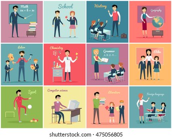 Teachers day. Set the teaching profession math and history, geography and labor, chemistry and grammar, etika and literature. Collection banner with people occupation flat design. Vector illustration