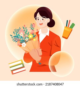 Teacher's day, teacher is giving lessons to students with blackboard and classroom in the background, vector illustration