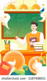 Día del profesor, el profesor está dando lecciones a los estudiantes con pizarra y aula en el fondo, ilustración vectorial