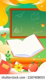 Teacher's day, teacher is giving lessons to students with blackboard and classroom in the background, vector illustration