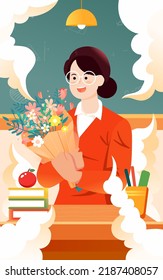 Teacher's day, teacher is giving lessons to students with blackboard and classroom in the background, vector illustration