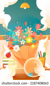 Teacher's day, teacher is giving lessons to students with blackboard and classroom in the background, vector illustration