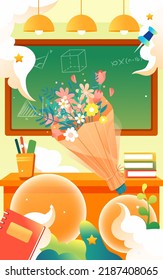 Teacher's day, teacher is giving lessons to students with blackboard and classroom in the background, vector illustration