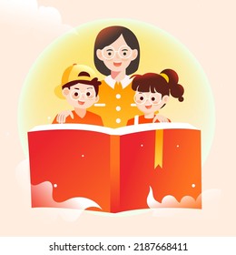 Teacher's day, teacher is giving lessons to students with blackboard and classroom in the background, vector illustration