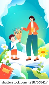 Teacher's day, teacher is giving lessons to students with blackboard and classroom in the background, vector illustration