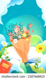 Teacher's day, teacher is giving lessons to students with blackboard and classroom in the background, vector illustration
