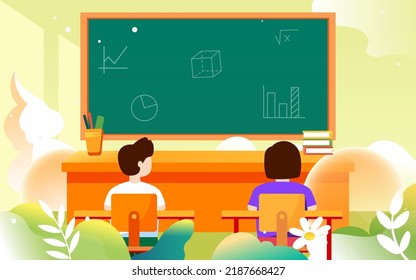 Teacher's day, teacher is giving lessons to students with blackboard and classroom in the background, vector illustration